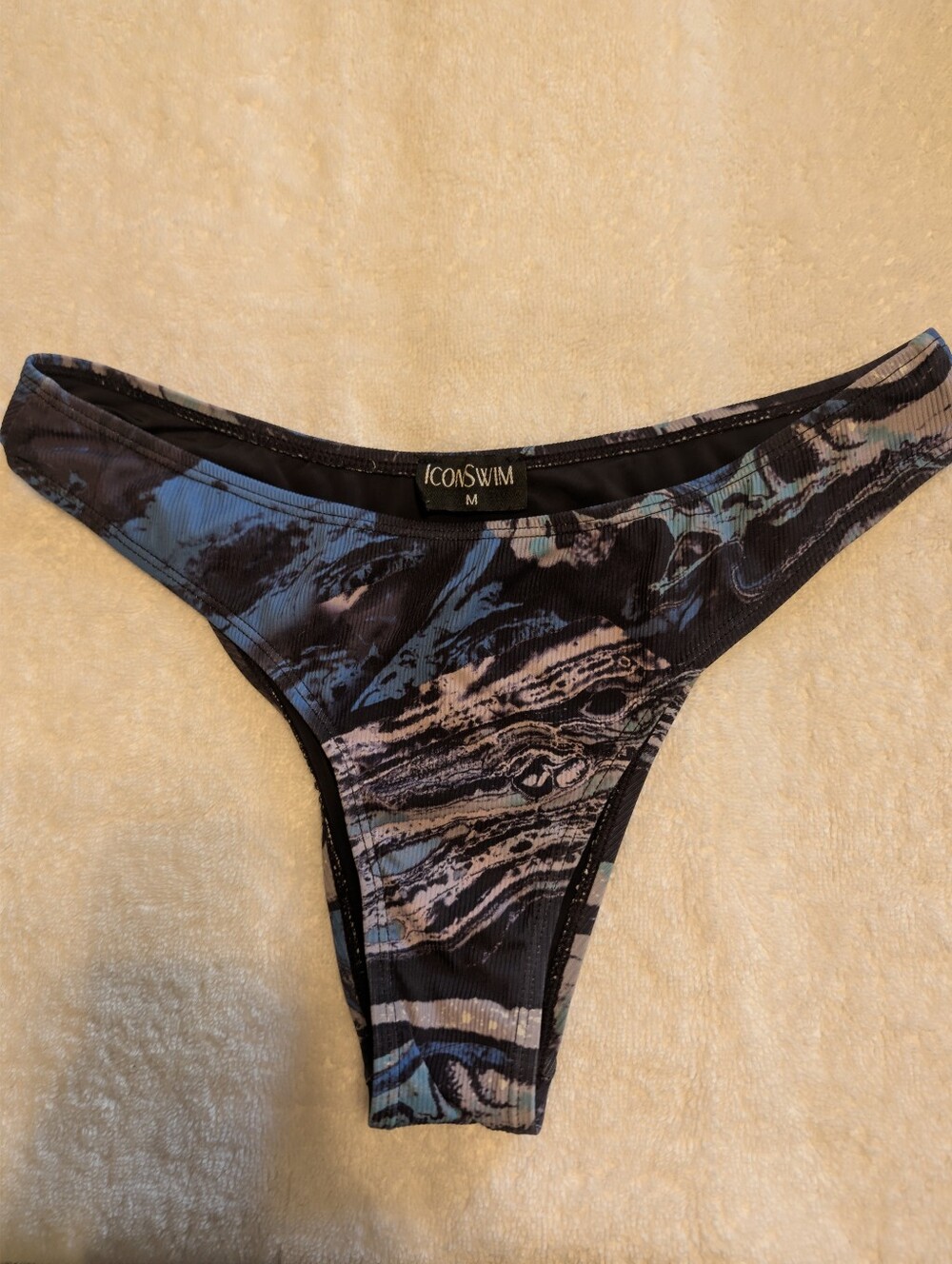 ICON SWIM Women's Marble-Print High Leg Bikini Bottom in Black & Blue